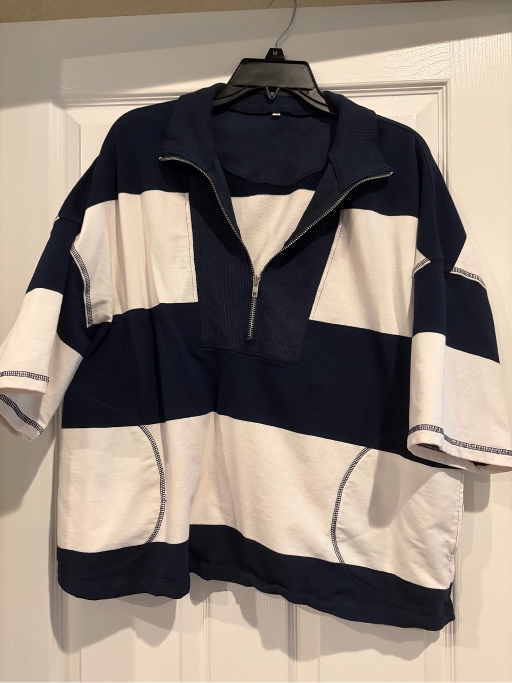 Navy and White Half-Zip Striped Pullover